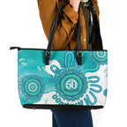 NAIDOC Week 2026 Leather Tote Bag 50 Years Deadly Dhari Cyan Aboriginal Art