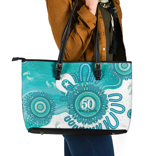 NAIDOC Week 2026 Leather Tote Bag 50 Years Deadly Dhari Cyan Aboriginal Art