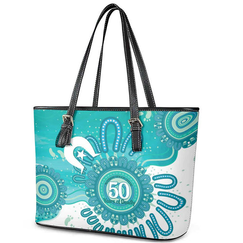 NAIDOC Week 2026 Leather Tote Bag 50 Years Deadly Dhari Cyan Aboriginal Art
