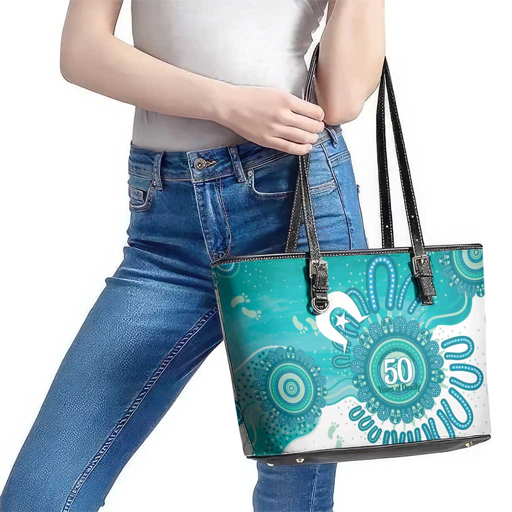 NAIDOC Week 2026 Leather Tote Bag 50 Years Deadly Dhari Cyan Aboriginal Art