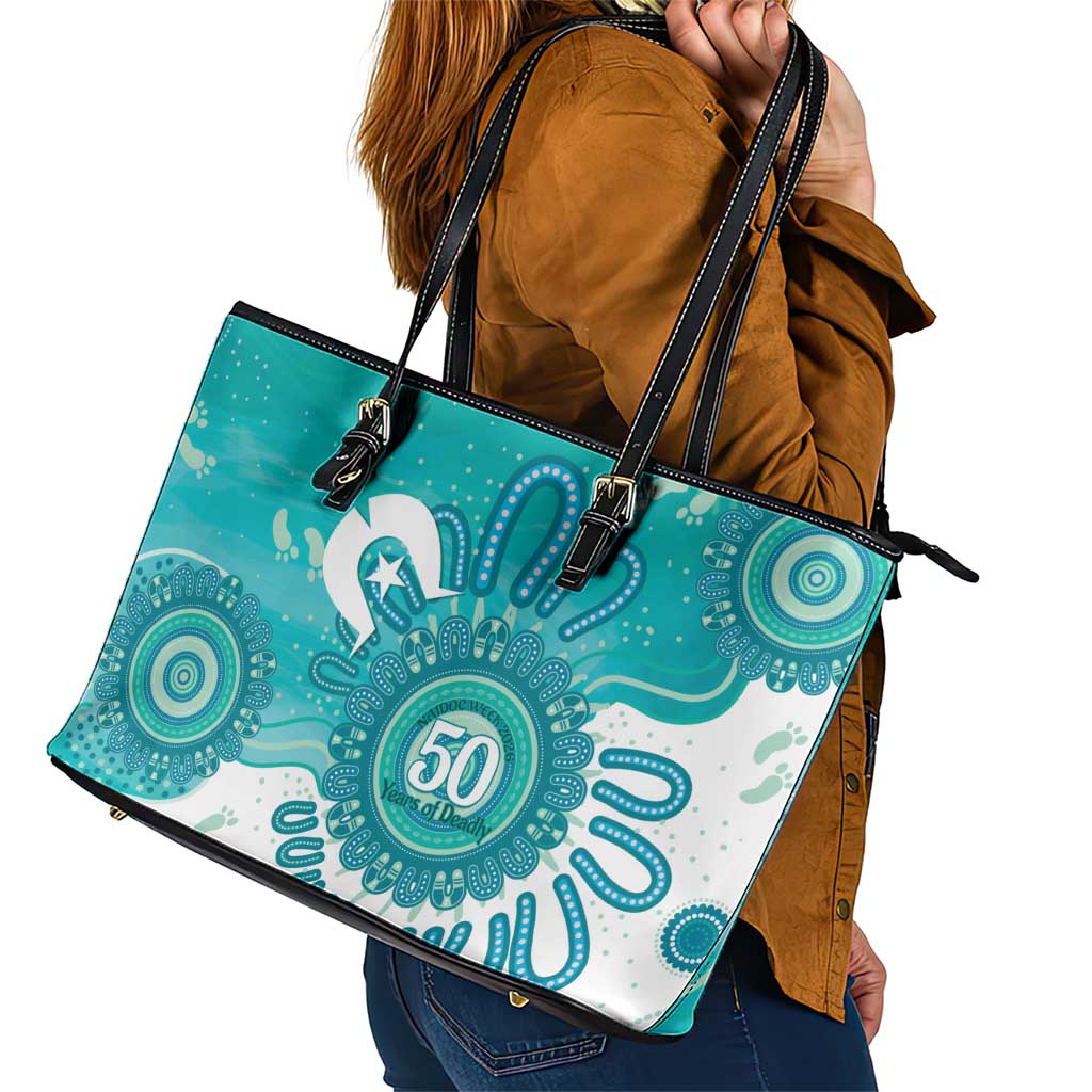NAIDOC Week 2026 Leather Tote Bag 50 Years Deadly Dhari Cyan Aboriginal Art