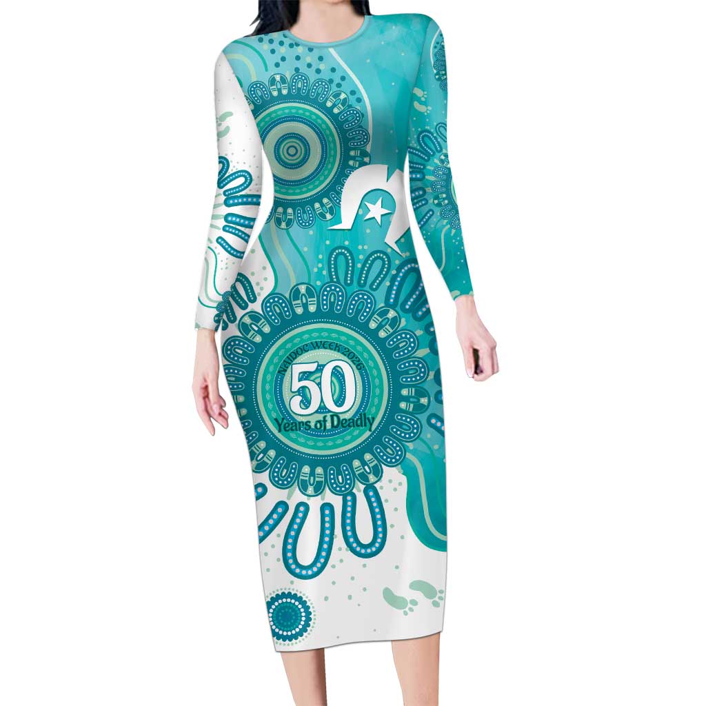 NAIDOC Week 2026 Long Sleeve Bodycon Dress 50 Years Deadly Dhari Cyan Aboriginal Art