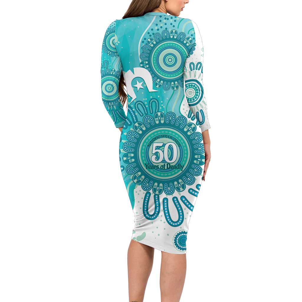 NAIDOC Week 2026 Long Sleeve Bodycon Dress 50 Years Deadly Dhari Cyan Aboriginal Art