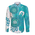NAIDOC Week 2026 Long Sleeve Button Shirt 50 Years Deadly Dhari Cyan Aboriginal Art