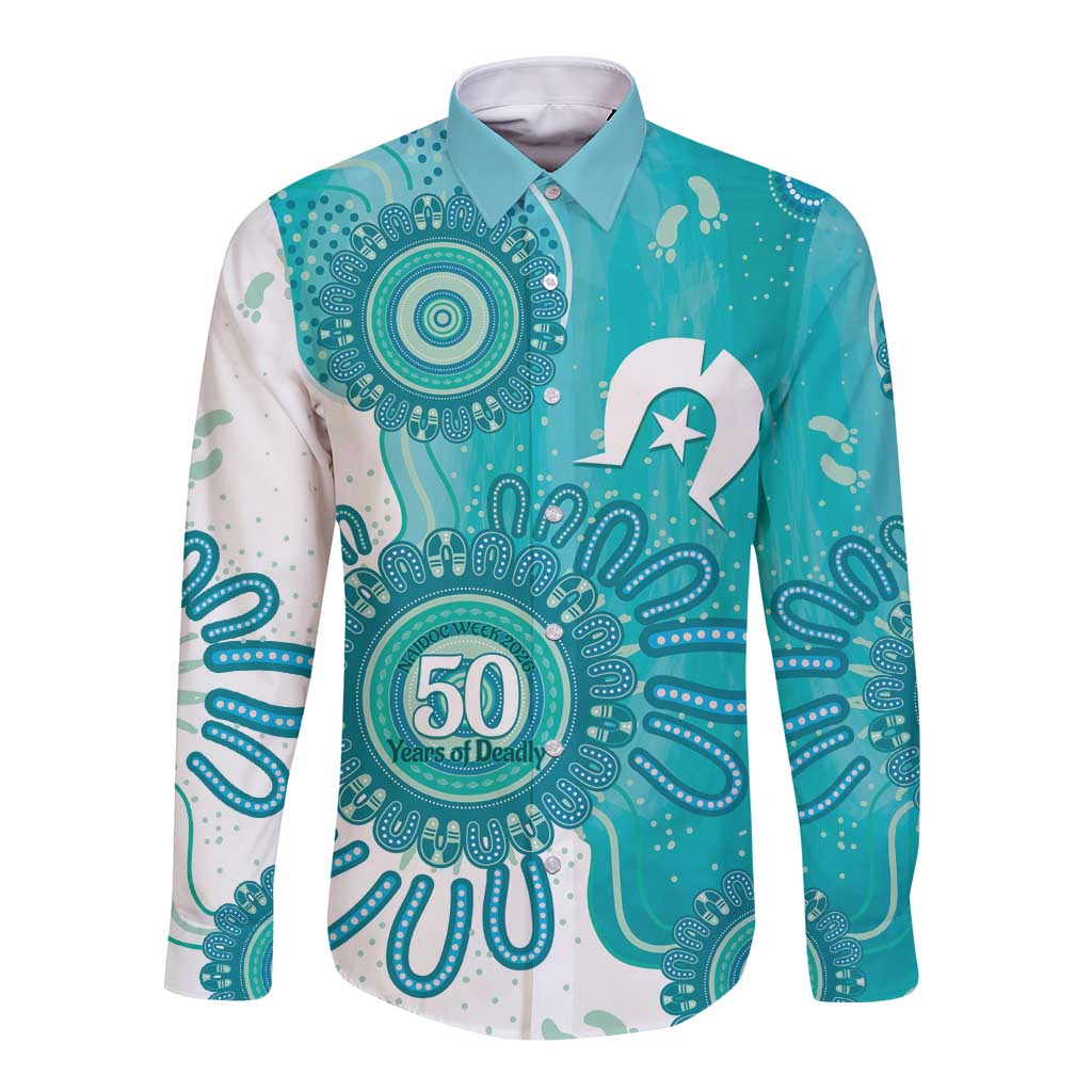 NAIDOC Week 2026 Long Sleeve Button Shirt 50 Years Deadly Dhari Cyan Aboriginal Art