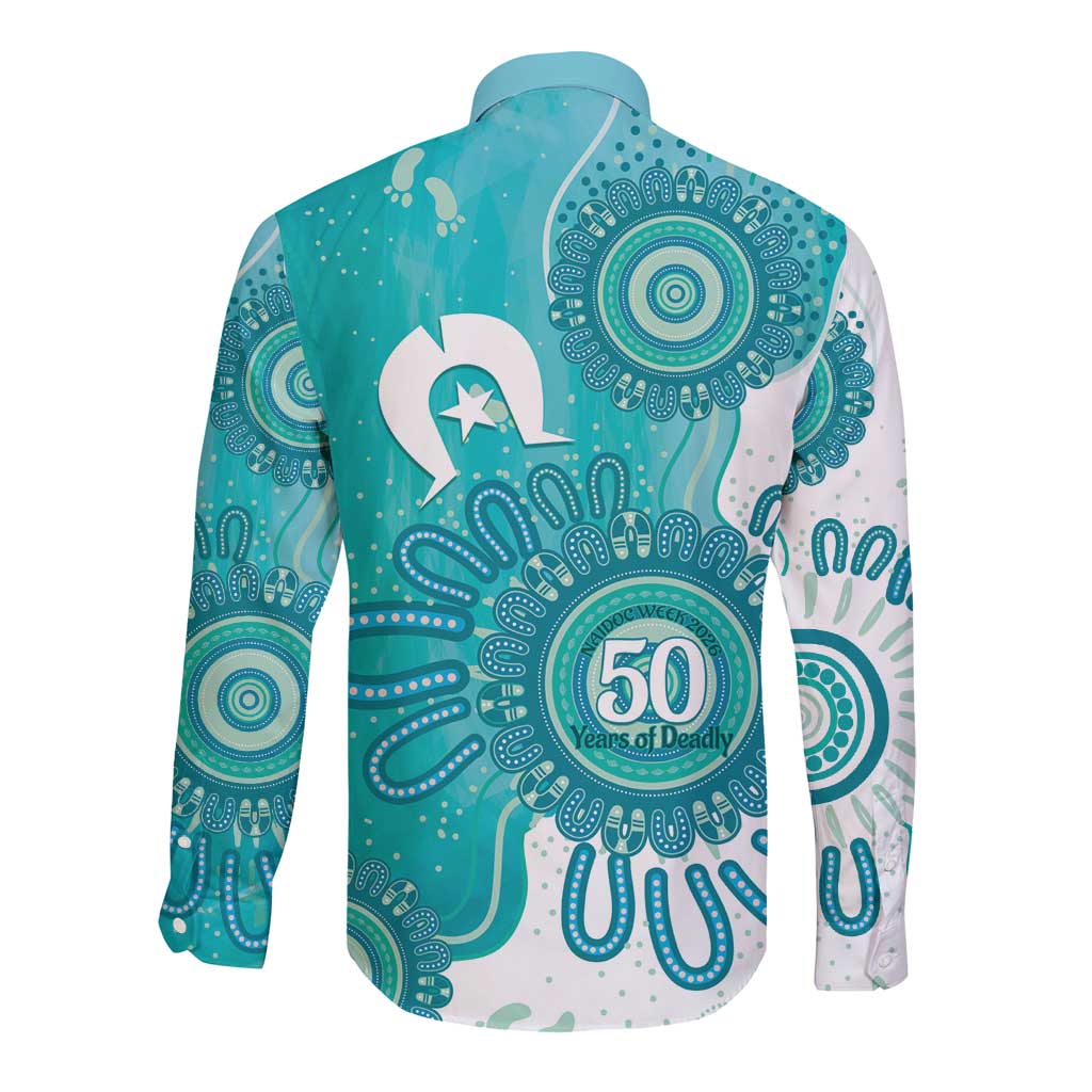 NAIDOC Week 2026 Long Sleeve Button Shirt 50 Years Deadly Dhari Cyan Aboriginal Art