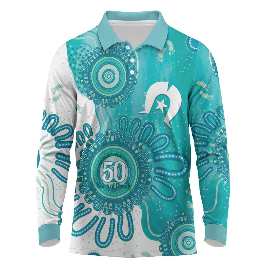 NAIDOC Week 2026 Long Sleeve Polo Shirt 50 Years Deadly Dhari Cyan Aboriginal Art