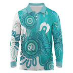 NAIDOC Week 2026 Long Sleeve Polo Shirt 50 Years Deadly Dhari Cyan Aboriginal Art