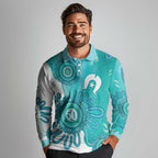 NAIDOC Week 2026 Long Sleeve Polo Shirt 50 Years Deadly Dhari Cyan Aboriginal Art
