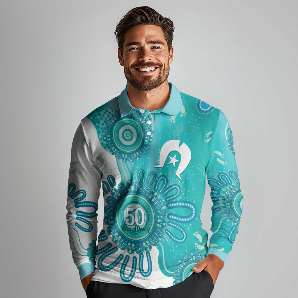 NAIDOC Week 2026 Long Sleeve Polo Shirt 50 Years Deadly Dhari Cyan Aboriginal Art