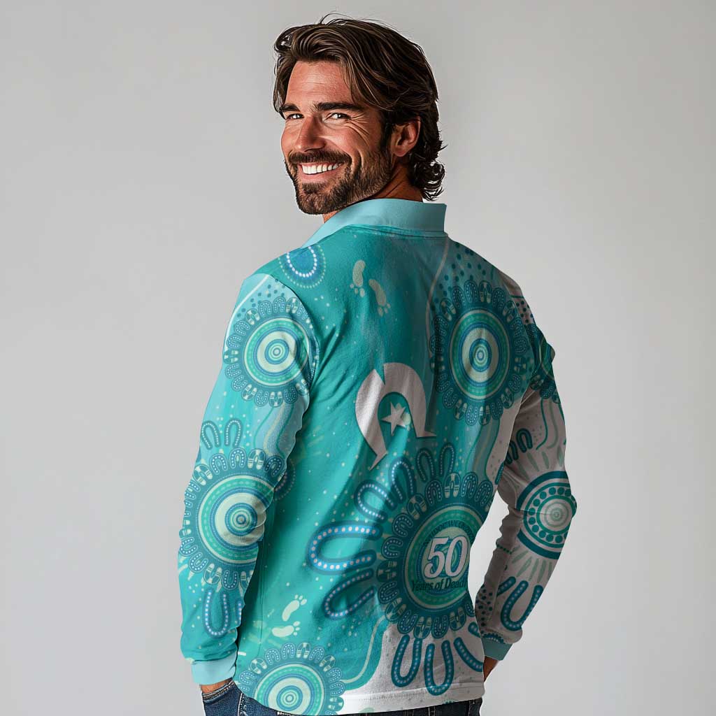 NAIDOC Week 2026 Long Sleeve Polo Shirt 50 Years Deadly Dhari Cyan Aboriginal Art