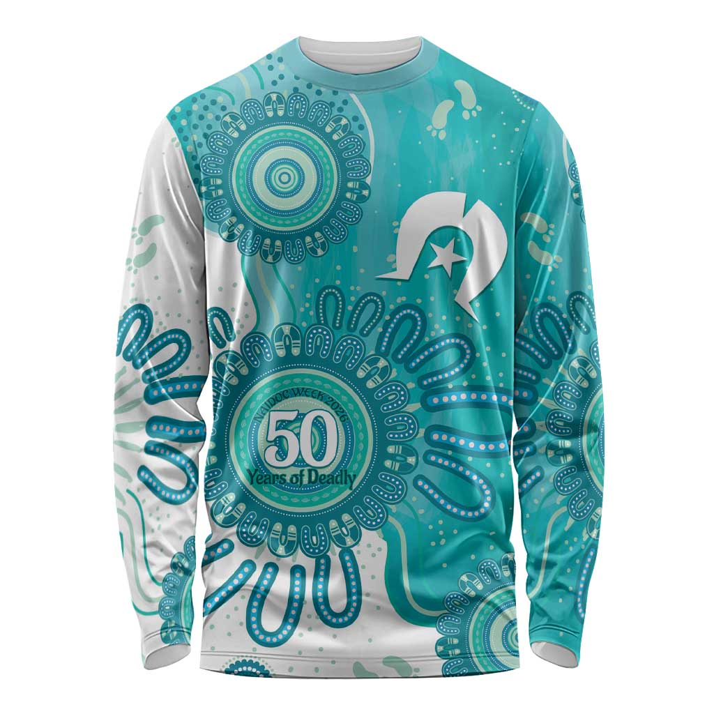 NAIDOC Week 2026 Long Sleeve Shirt 50 Years Deadly Dhari Cyan Aboriginal Art