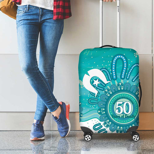NAIDOC Week 2026 Luggage Cover 50 Years Deadly Dhari Cyan Aboriginal Art