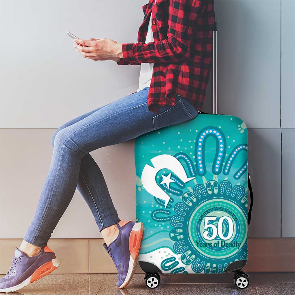 NAIDOC Week 2026 Luggage Cover 50 Years Deadly Dhari Cyan Aboriginal Art