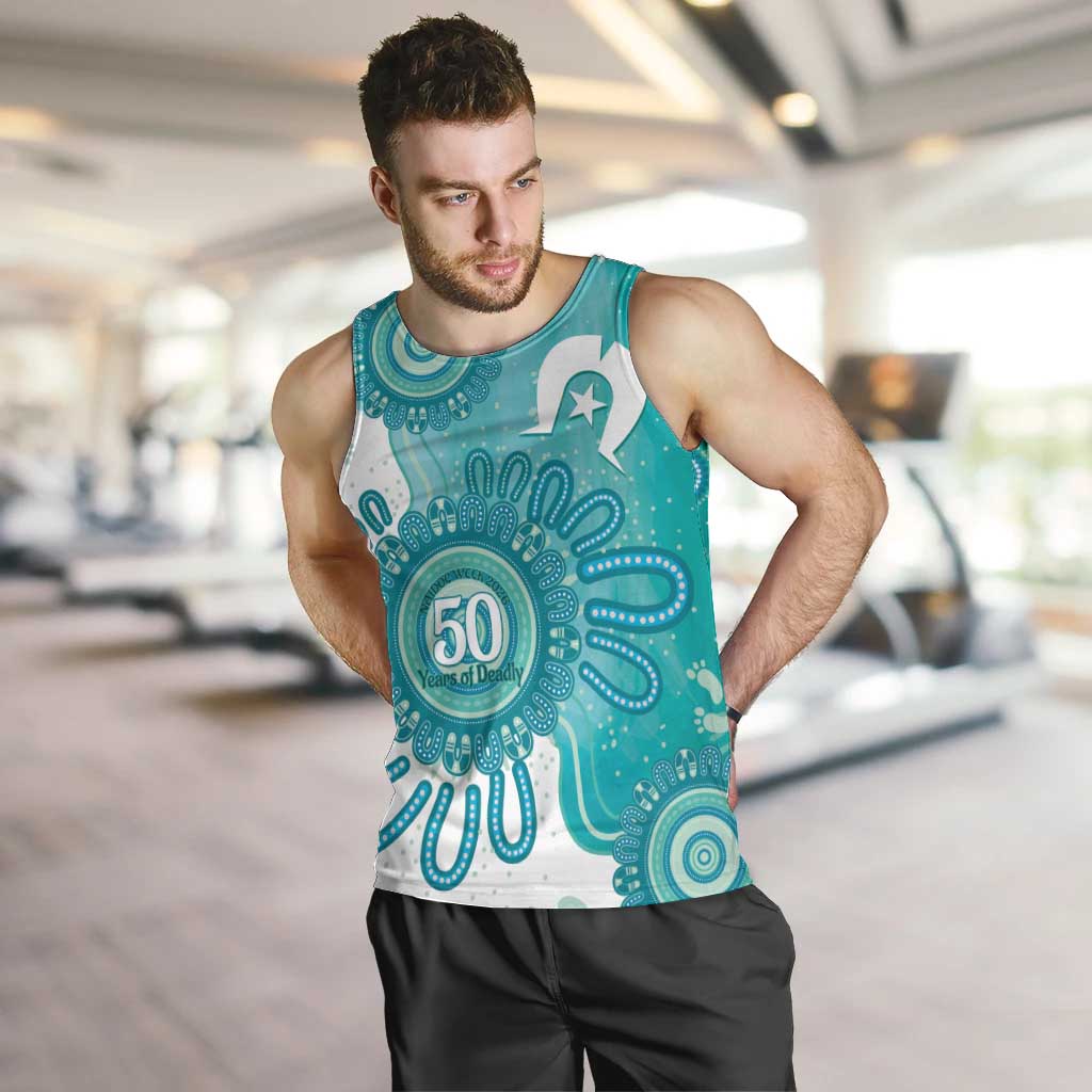 NAIDOC Week 2026 Men Tank Top 50 Years Deadly Dhari Cyan Aboriginal Art