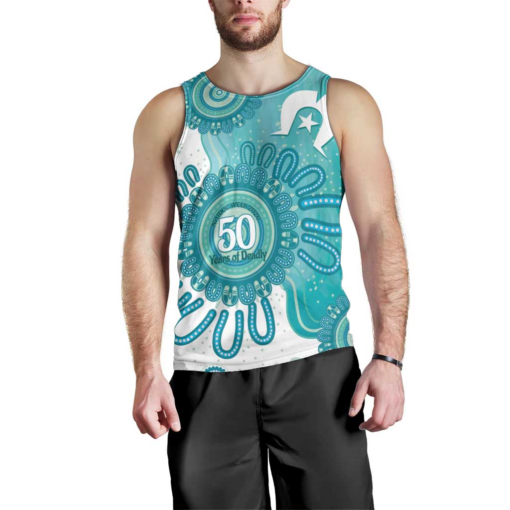 NAIDOC Week 2026 Men Tank Top 50 Years Deadly Dhari Cyan Aboriginal Art