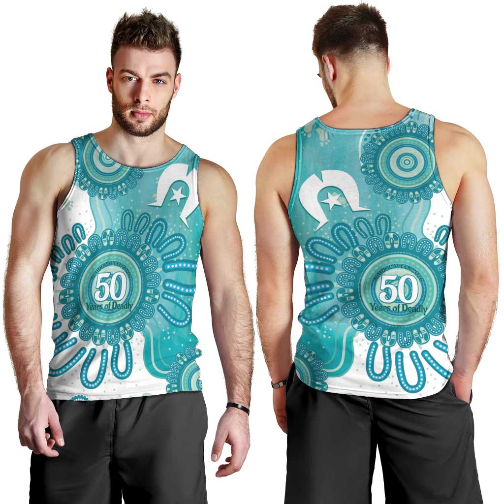 NAIDOC Week 2026 Men Tank Top 50 Years Deadly Dhari Cyan Aboriginal Art