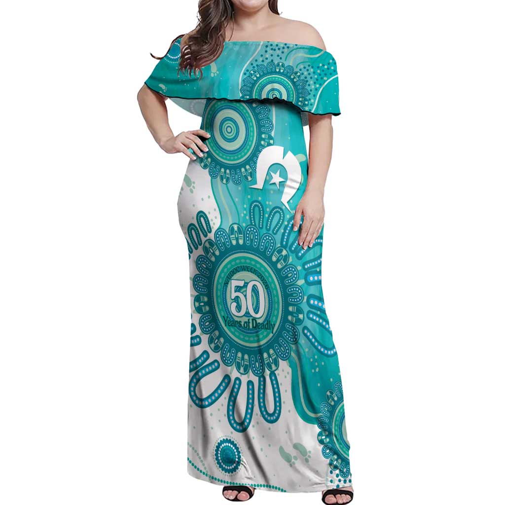 NAIDOC Week 2026 Off Shoulder Maxi Dress 50 Years Deadly Dhari Cyan Aboriginal Art