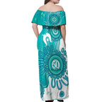 NAIDOC Week 2026 Off Shoulder Maxi Dress 50 Years Deadly Dhari Cyan Aboriginal Art