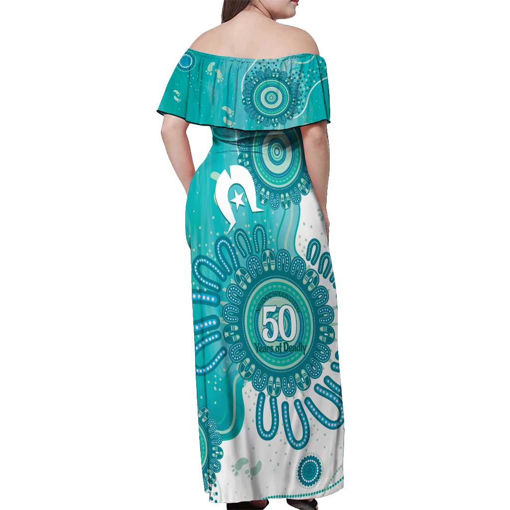 NAIDOC Week 2026 Off Shoulder Maxi Dress 50 Years Deadly Dhari Cyan Aboriginal Art