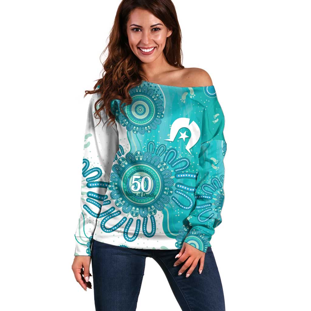 NAIDOC Week 2026 Off Shoulder Sweater 50 Years Deadly Dhari Cyan Aboriginal Art