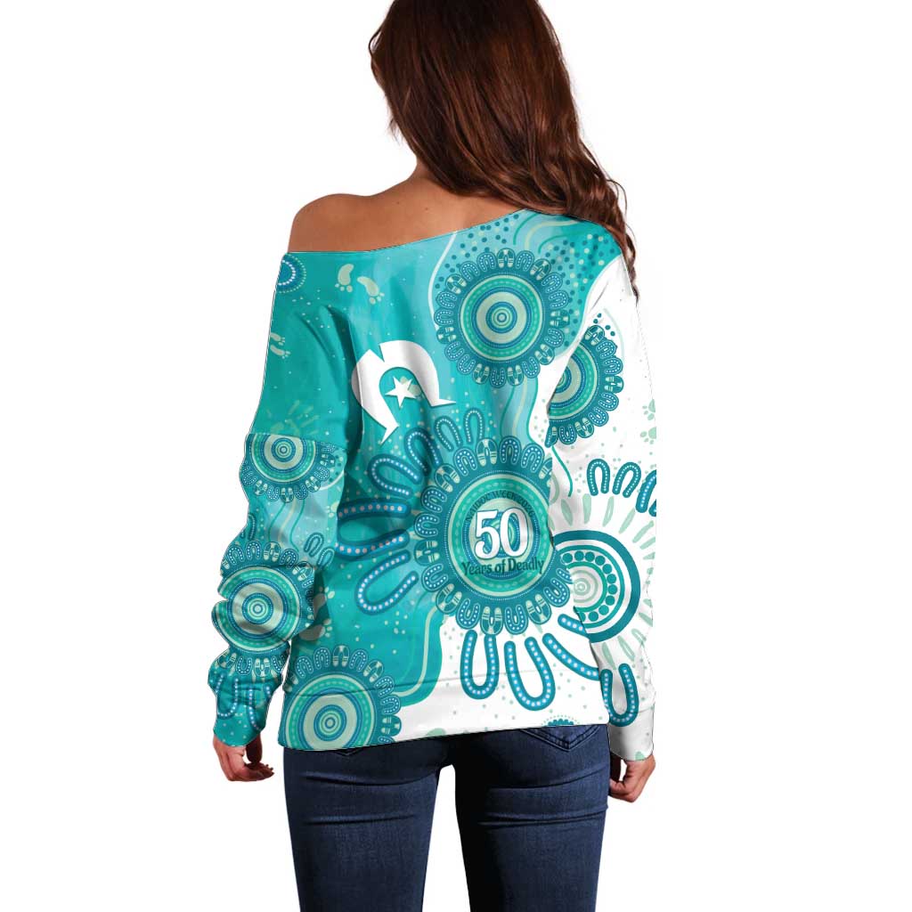 NAIDOC Week 2026 Off Shoulder Sweater 50 Years Deadly Dhari Cyan Aboriginal Art