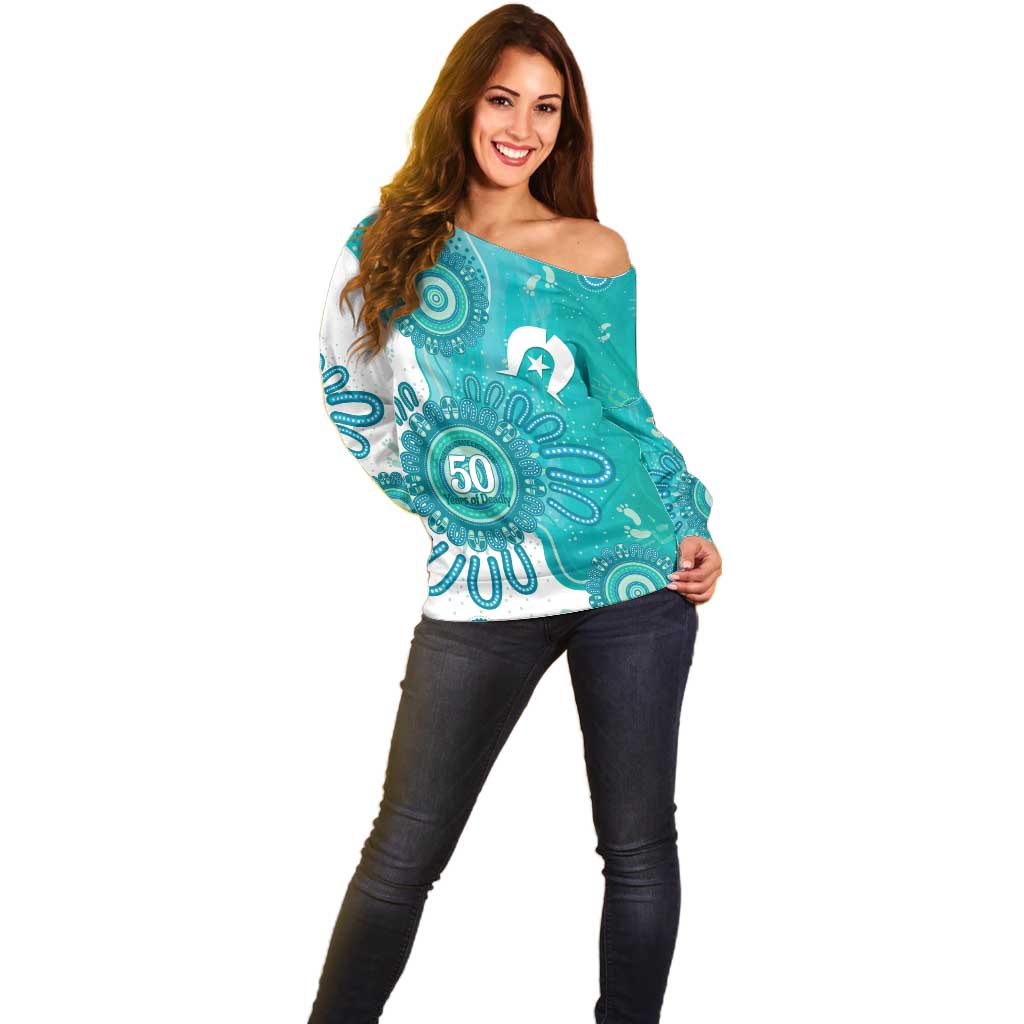 NAIDOC Week 2026 Off Shoulder Sweater 50 Years Deadly Dhari Cyan Aboriginal Art