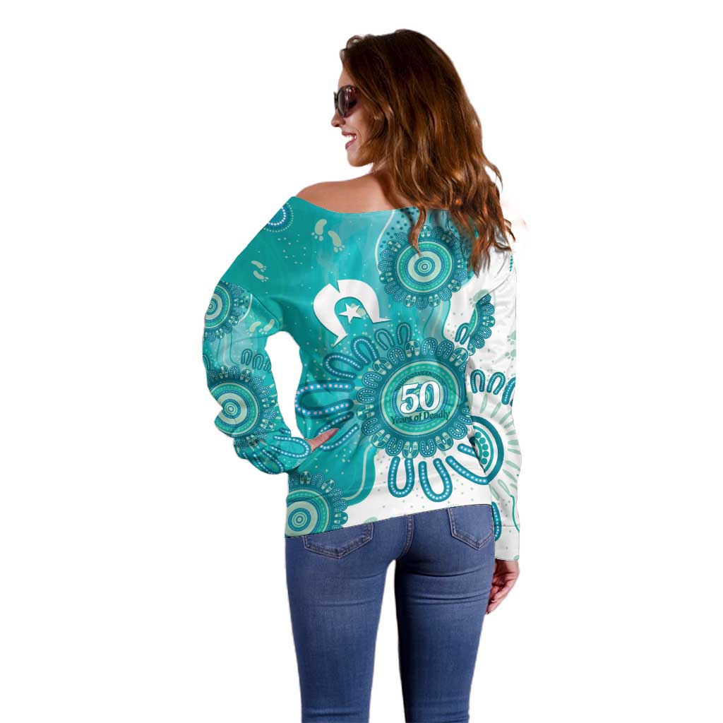 NAIDOC Week 2026 Off Shoulder Sweater 50 Years Deadly Dhari Cyan Aboriginal Art