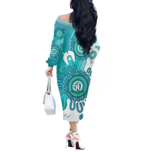 NAIDOC Week 2026 Off The Shoulder Long Sleeve Dress 50 Years Deadly Dhari Cyan Aboriginal Art