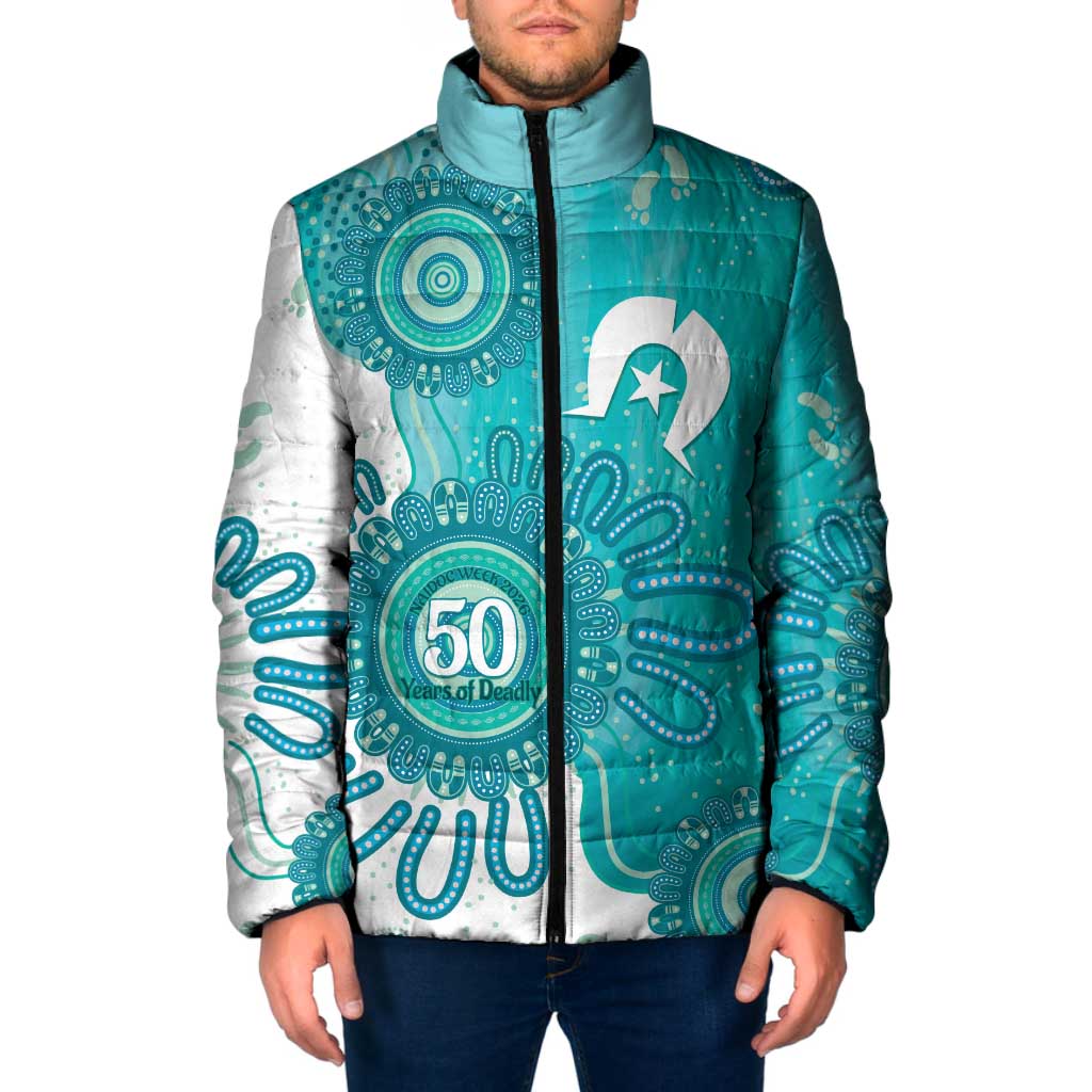 NAIDOC Week 2026 Padded Jacket 50 Years Deadly Dhari Cyan Aboriginal Art