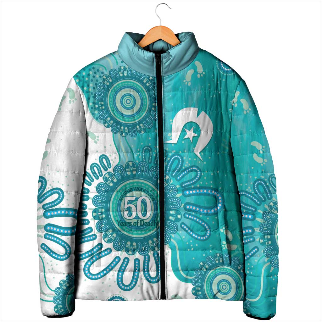 NAIDOC Week 2026 Padded Jacket 50 Years Deadly Dhari Cyan Aboriginal Art