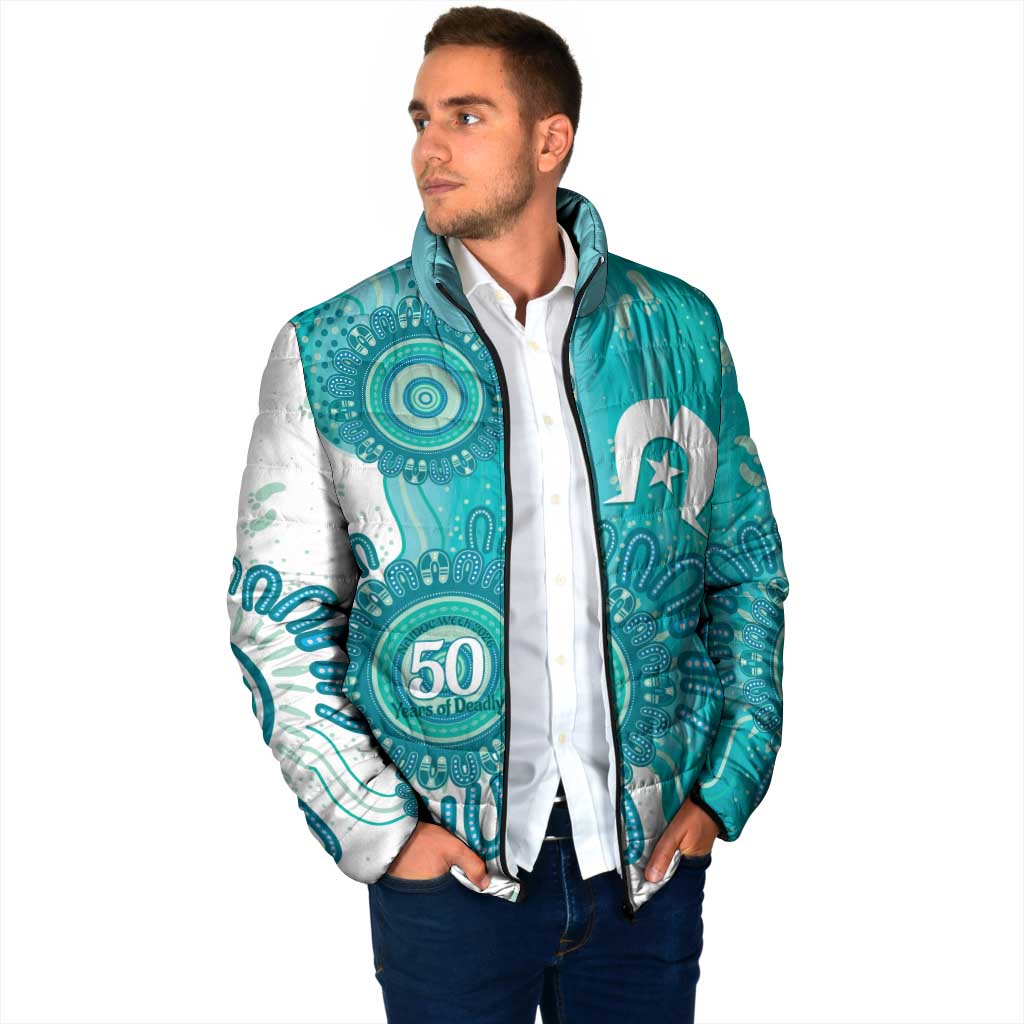 NAIDOC Week 2026 Padded Jacket 50 Years Deadly Dhari Cyan Aboriginal Art