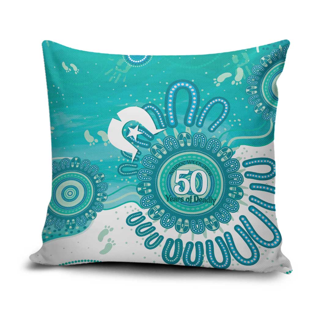 NAIDOC Week 2026 Pillow Cover 50 Years Deadly Dhari Cyan Aboriginal Art