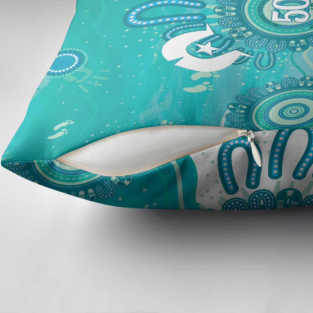 NAIDOC Week 2026 Pillow Cover 50 Years Deadly Dhari Cyan Aboriginal Art