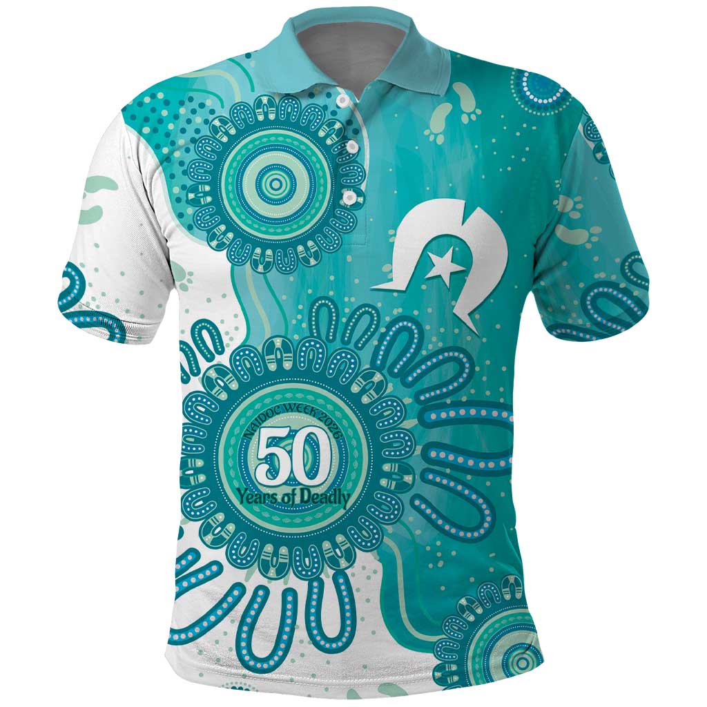 NAIDOC Week 2026 Polo Shirt 50 Years Deadly Dhari Cyan Aboriginal Art