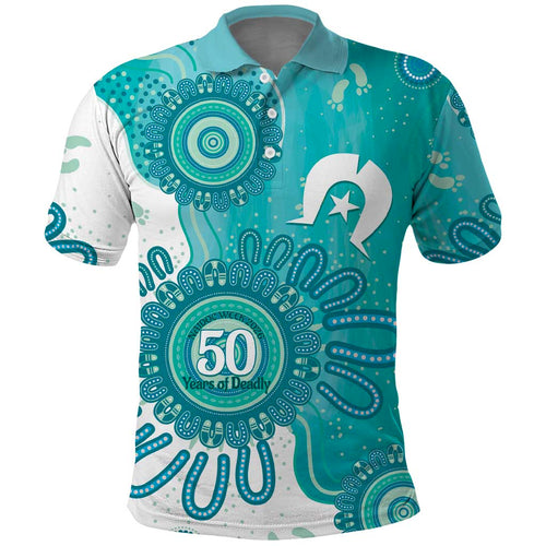 NAIDOC Week 2026 Polo Shirt 50 Years Deadly Dhari Cyan Aboriginal Art