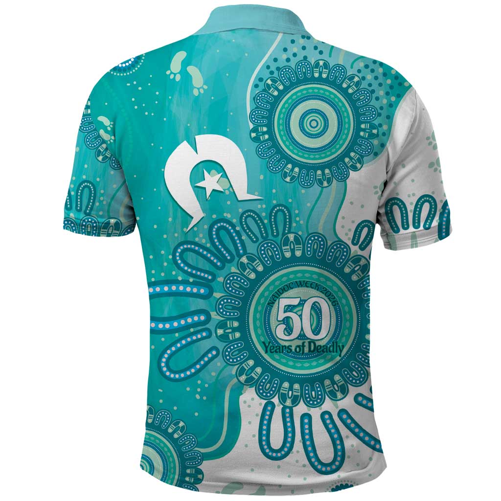 NAIDOC Week 2026 Polo Shirt 50 Years Deadly Dhari Cyan Aboriginal Art