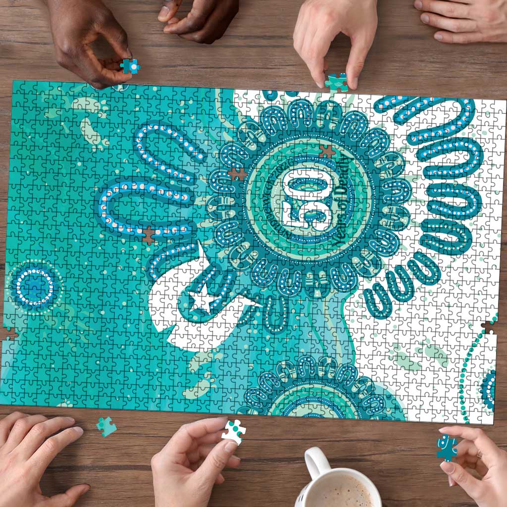NAIDOC Week 2026 Puzzle 50 Years Deadly Dhari Cyan Aboriginal Art