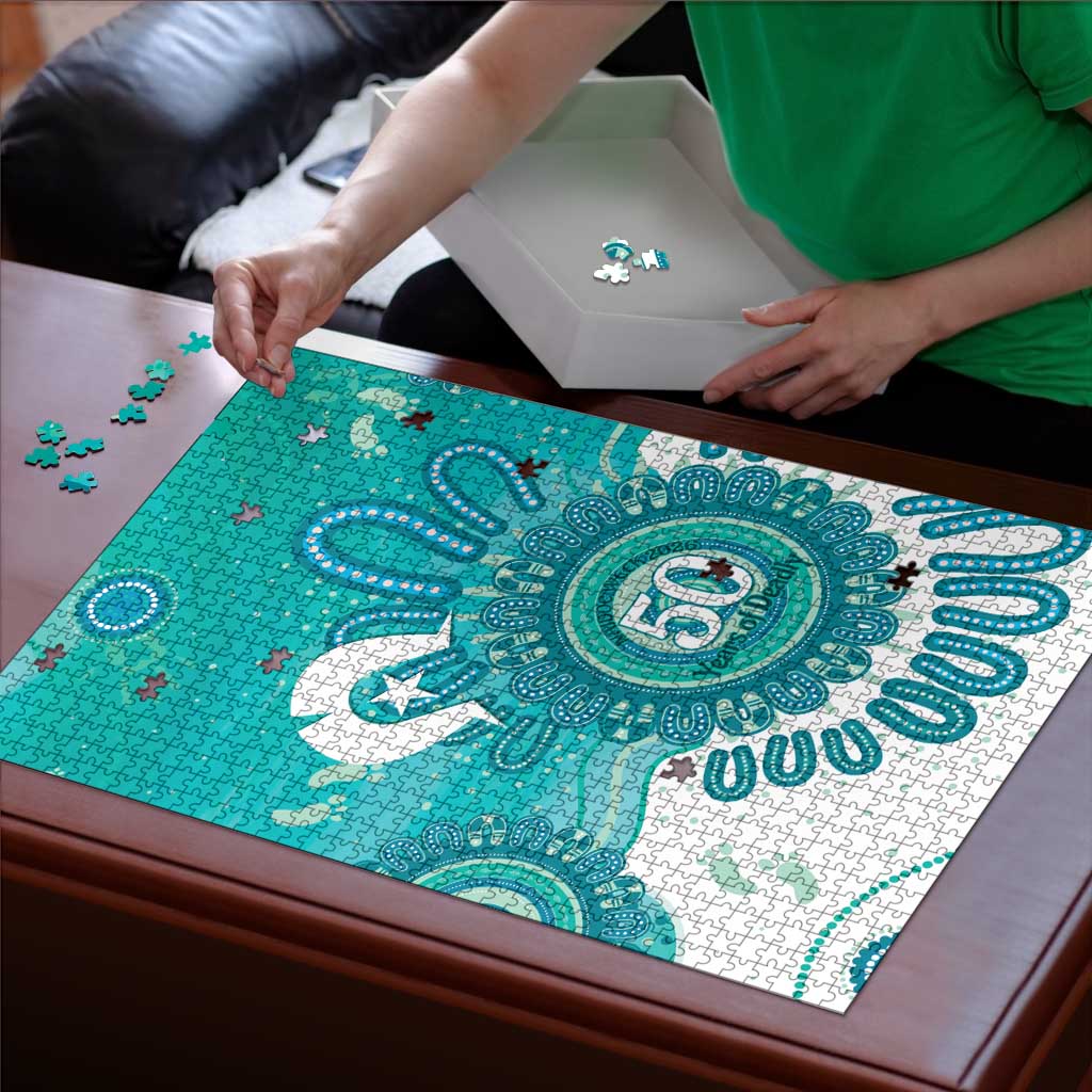 NAIDOC Week 2026 Puzzle 50 Years Deadly Dhari Cyan Aboriginal Art