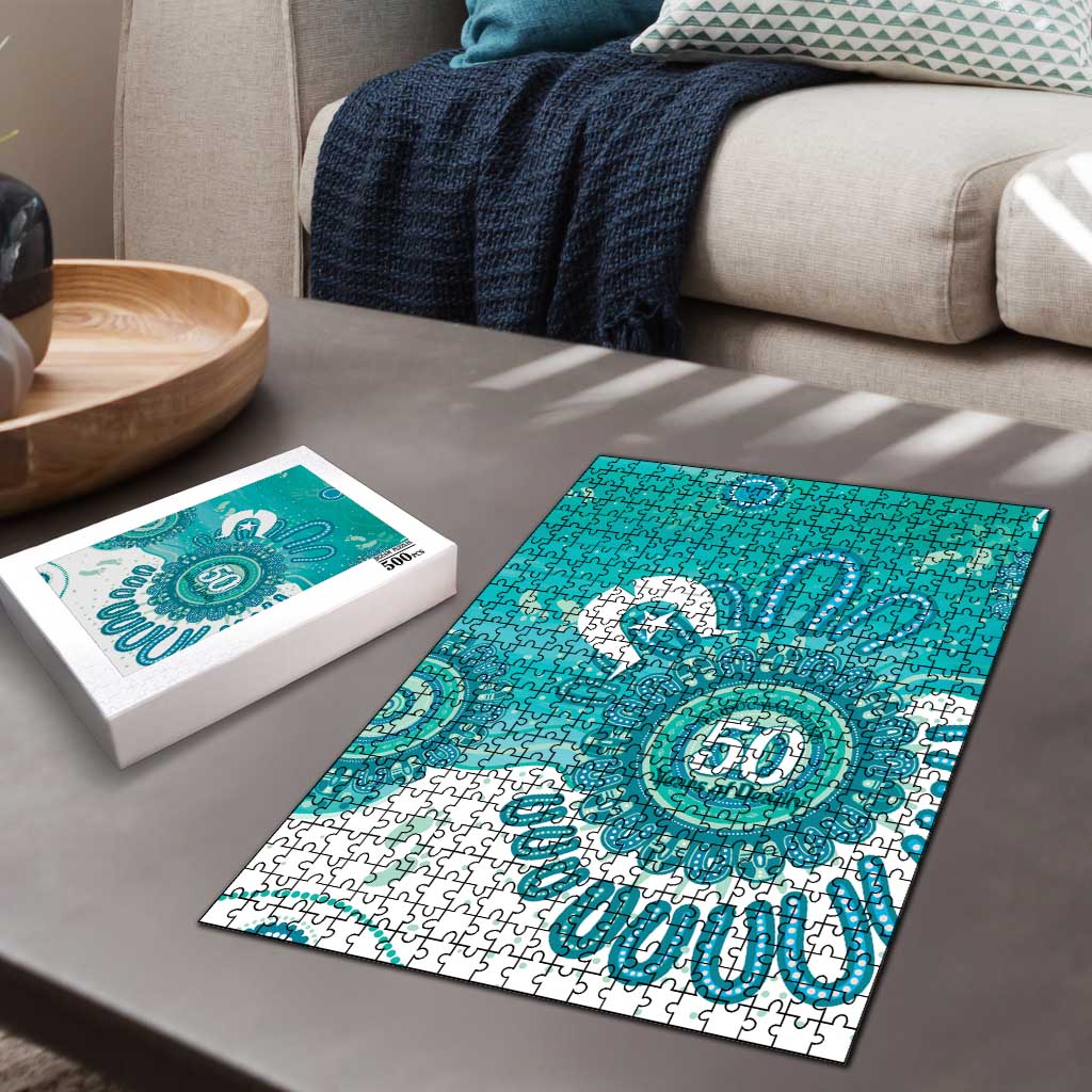 NAIDOC Week 2026 Puzzle 50 Years Deadly Dhari Cyan Aboriginal Art