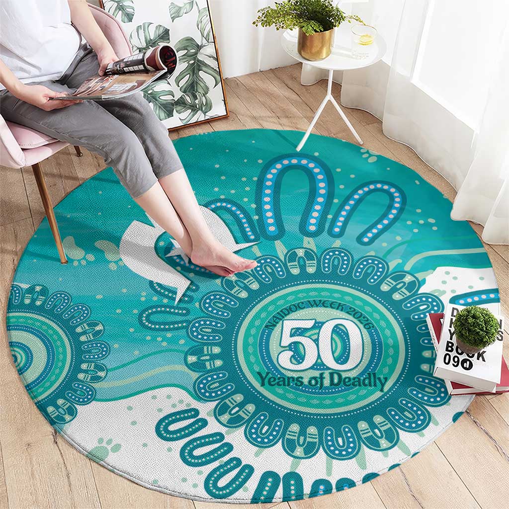 NAIDOC Week 2026 Round Carpet 50 Years Deadly Dhari Cyan Aboriginal Art