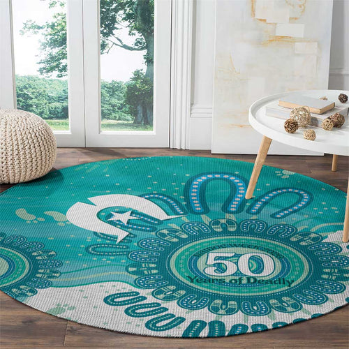 NAIDOC Week 2026 Round Carpet 50 Years Deadly Dhari Cyan Aboriginal Art