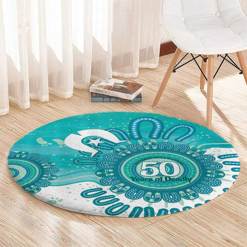 NAIDOC Week 2026 Round Carpet 50 Years Deadly Dhari Cyan Aboriginal Art