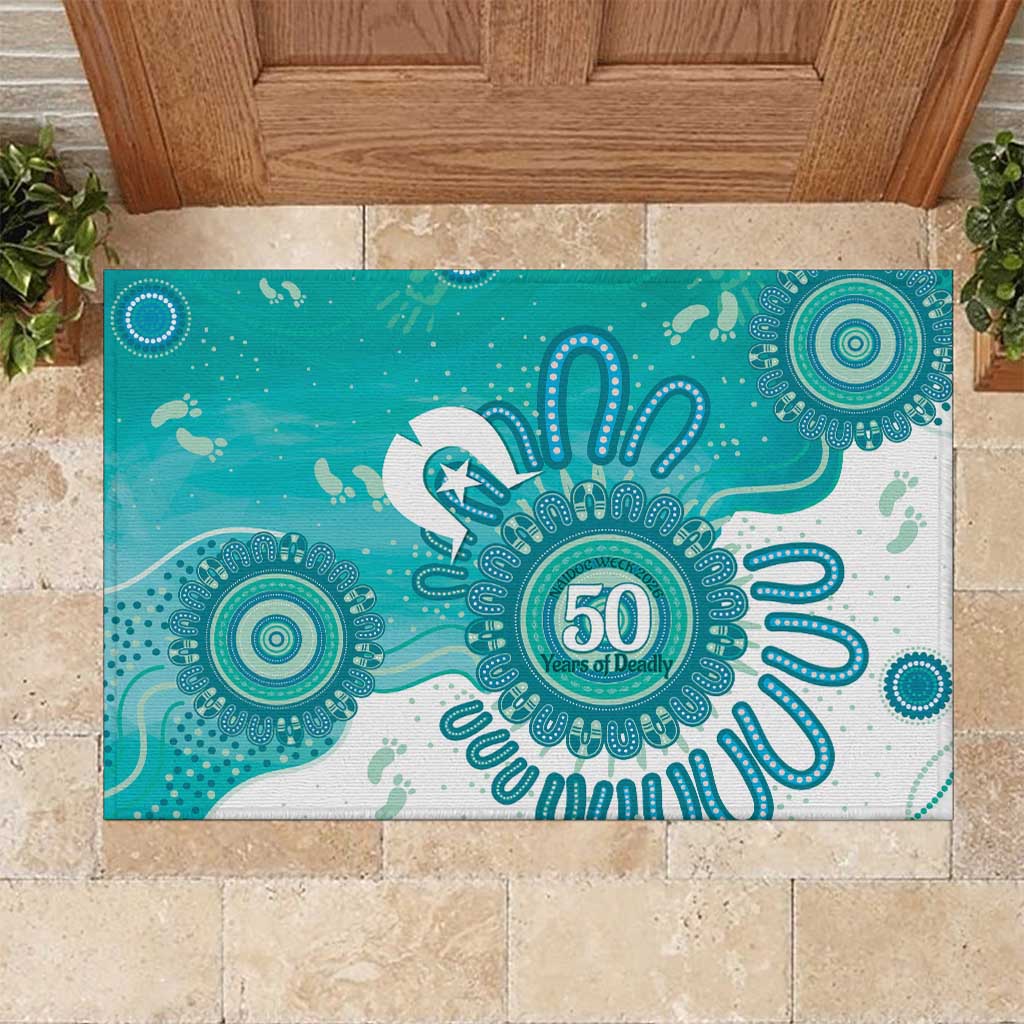 NAIDOC Week 2026 Rubber Doormat 50 Years Deadly Dhari Cyan Aboriginal Art