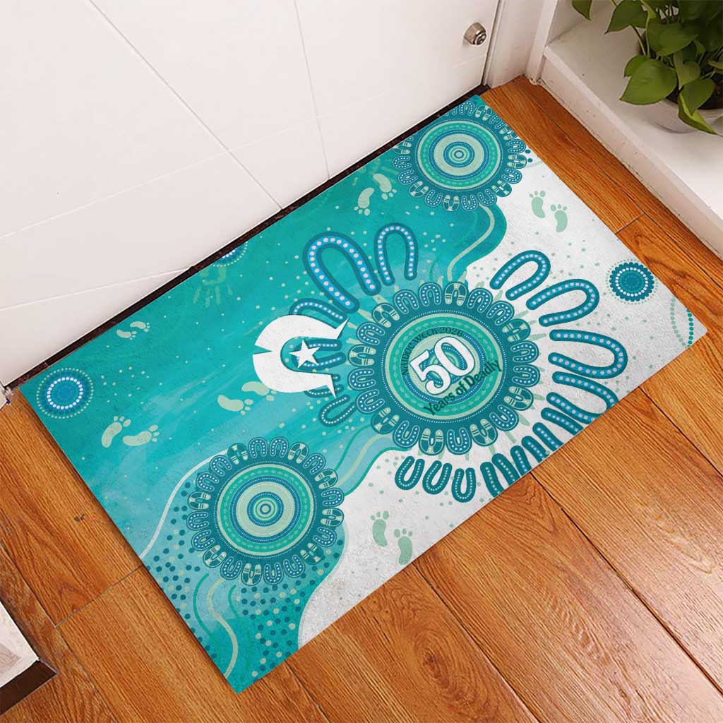 NAIDOC Week 2026 Rubber Doormat 50 Years Deadly Dhari Cyan Aboriginal Art