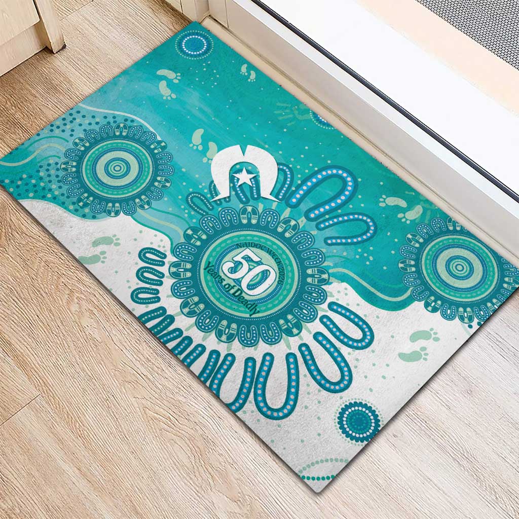 NAIDOC Week 2026 Rubber Doormat 50 Years Deadly Dhari Cyan Aboriginal Art