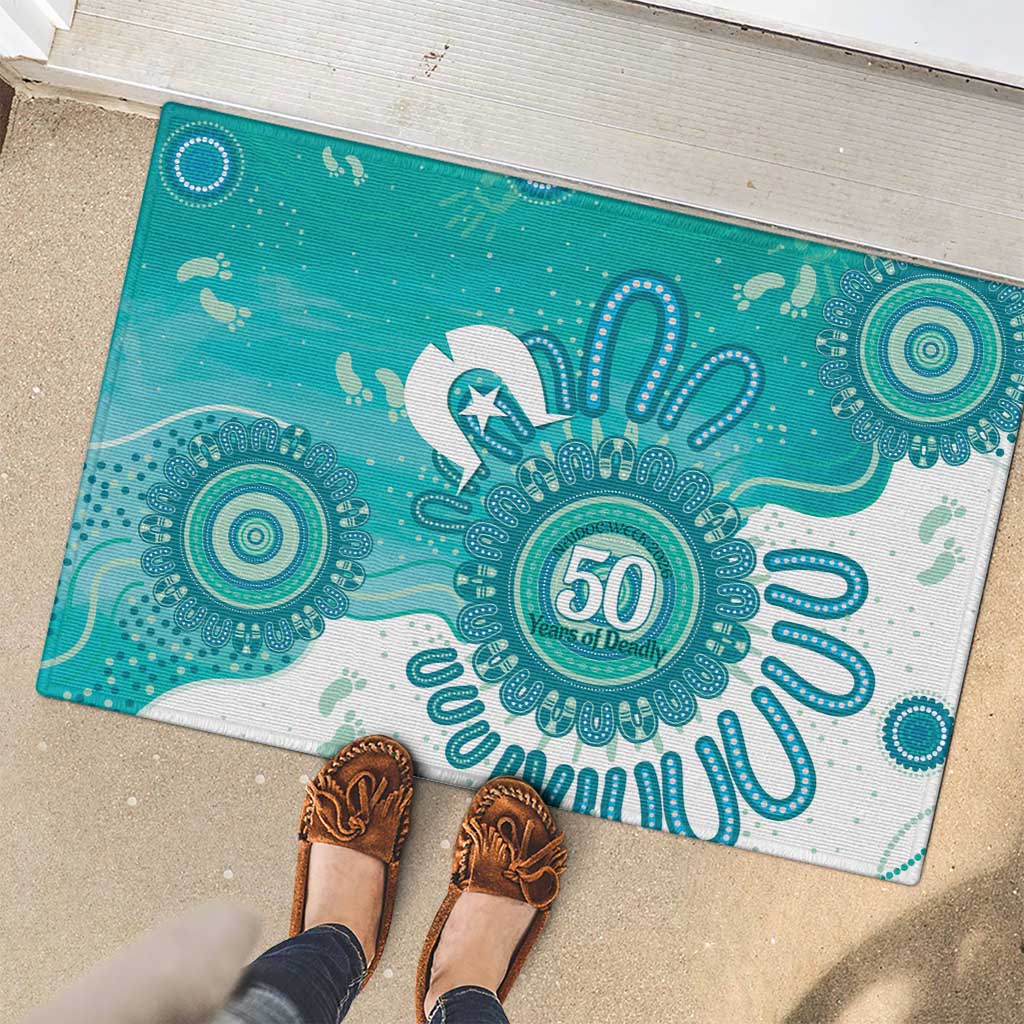NAIDOC Week 2026 Rubber Doormat 50 Years Deadly Dhari Cyan Aboriginal Art