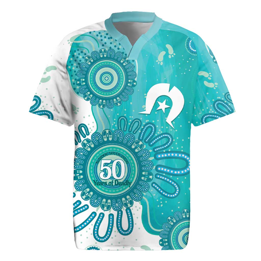 NAIDOC Week 2026 Rugby Jersey 50 Years Deadly Dhari Cyan Aboriginal Art