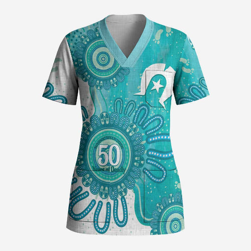 NAIDOC Week 2026 Scrub Top 50 Years Deadly Dhari Cyan Aboriginal Art