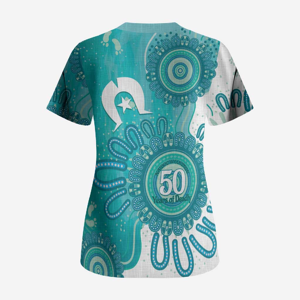 NAIDOC Week 2026 Scrub Top 50 Years Deadly Dhari Cyan Aboriginal Art